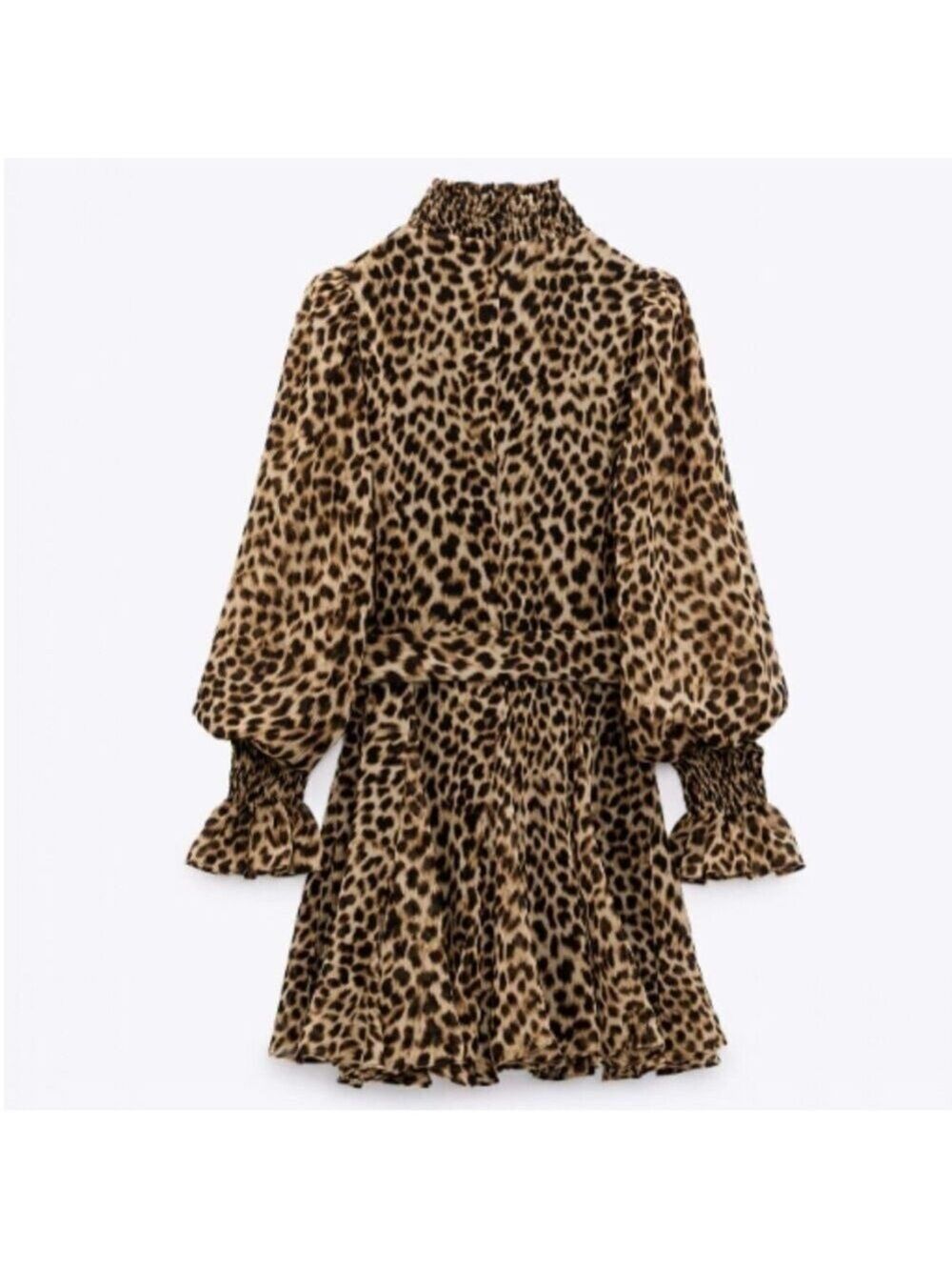 ZARA Leopard Animal Print Peasant Mini Dress Bishop Sleeves Belted Size NWT - Picture 4 of 7
